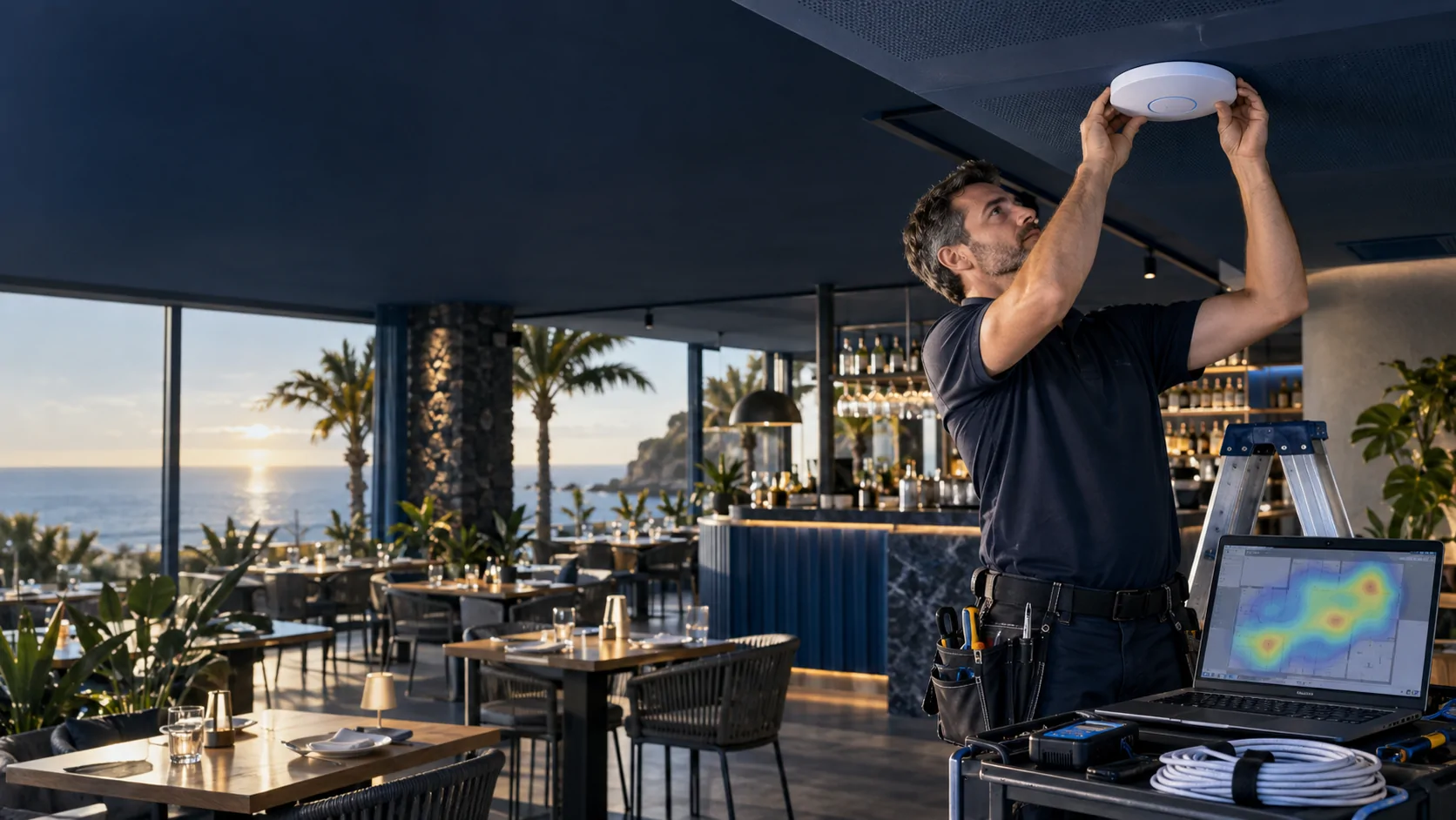Técnico instalando y midiendo un punto de acceso Wi-Fi en un restaurante de Tenerife
