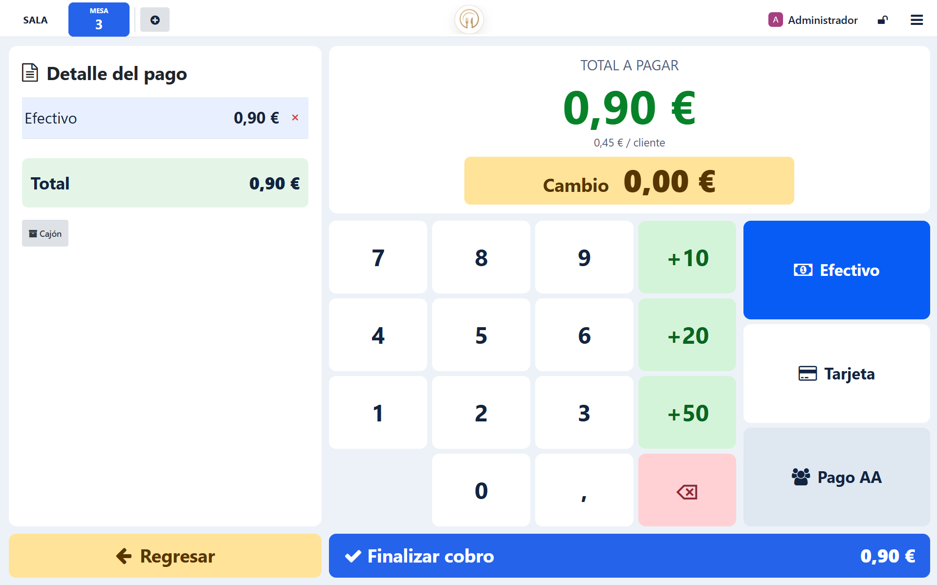 Pantalla de cobro: comprueba el total, el método de pago y el cambio antes de finalizar.