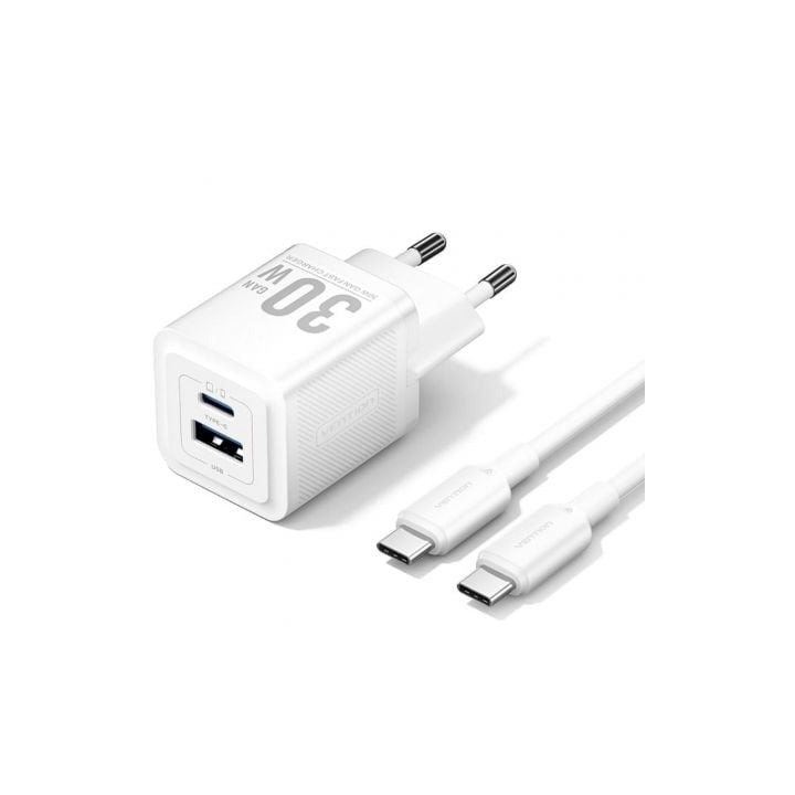 Cargador De Pared Vention Gan USB-C 30W White + Cable USB-C 1M