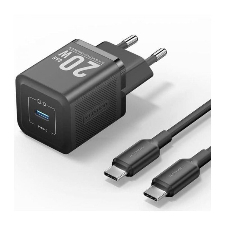 Cargador De Pared Vention Gan USB-C 20W Black + Cable Ucb-C 1M