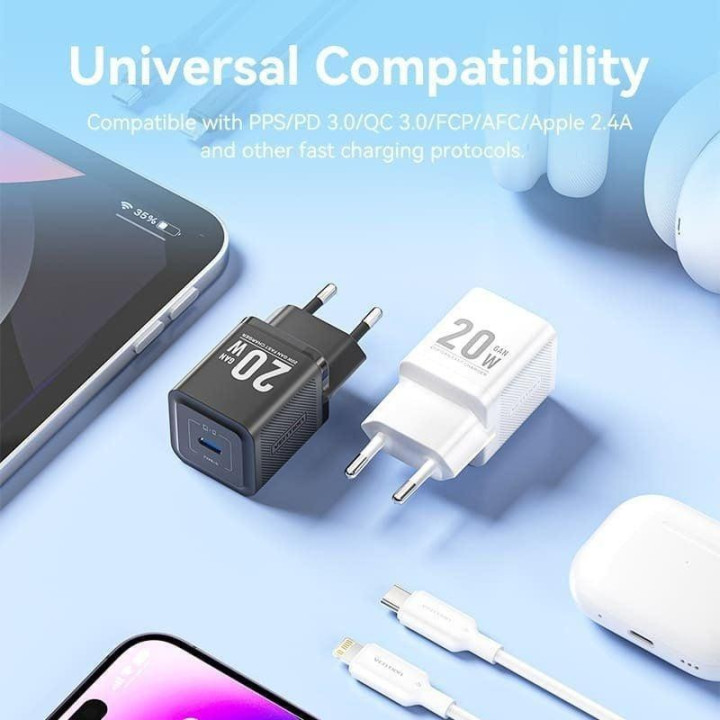 Cargador De Pared Vention Gan USB-C 20W Black + Cable Ucb-C