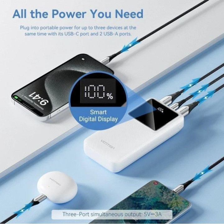 Powerbank Vention 20000MAH 2XUSB-A + USB-C LED Display 22.5W