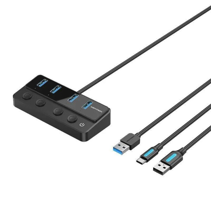 Hub USB Vention 4 Puertos USB 3.0 Black + Cable Usb/m - USB-C/m |