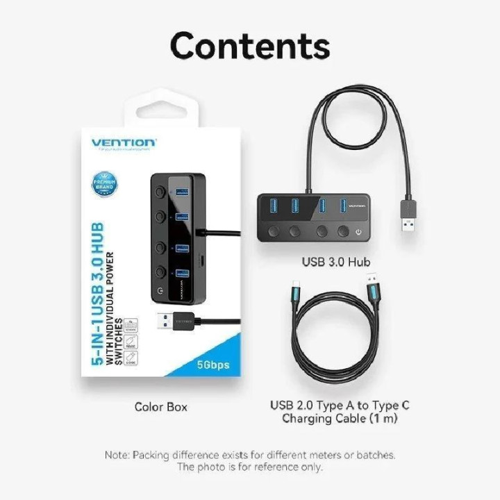 Hub USB Vention 4 Puertos USB 3.0 Black + Cable Usb/m - USB-C/m |