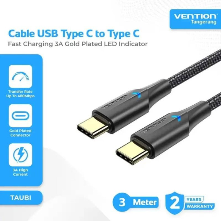 Cable USB 2.0 Vention Tipo USB-C/m-C/m LED 480MBPS 3A 3M Black |