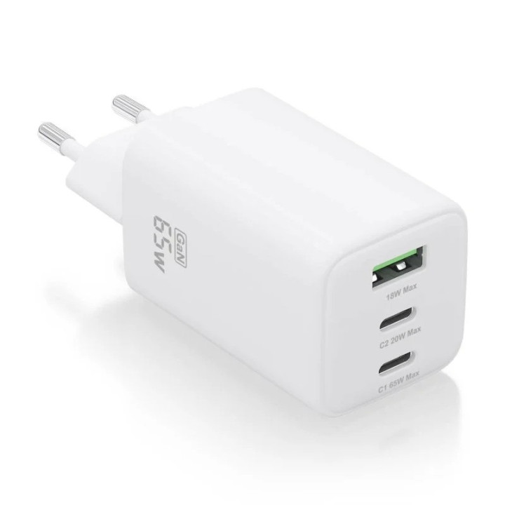 Cargador De Pared Aisens Gan 2XUSB-C/USB-A 65W White | InfoChen