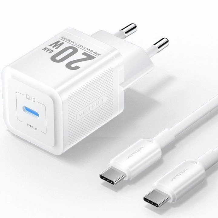 Cargador De Pared Vention Gan USB-C 20W White + Cable Ucb-C 1M
