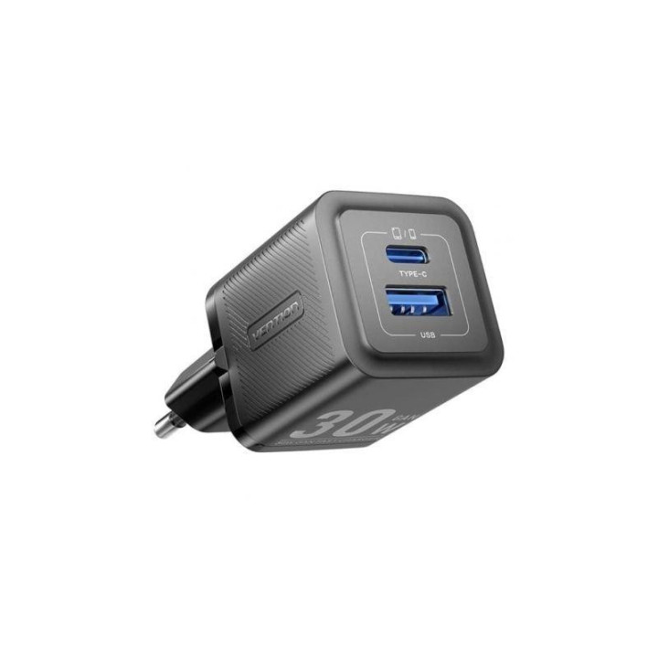 Cargador De Pared Vention Gan USB-C USB-A 30W Black | InfoChen