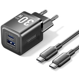Cargador De Pared Vention Gan USB-C + USB-A 30W Black + Cable
