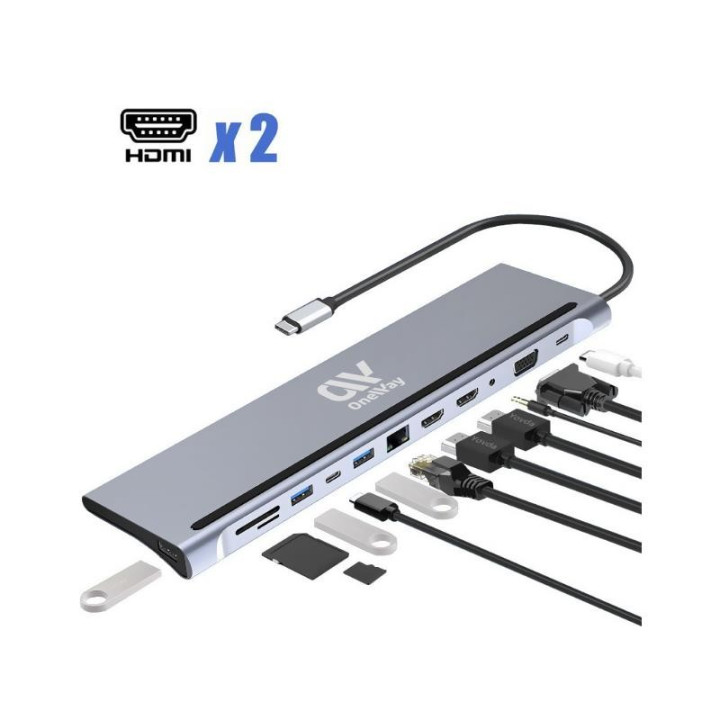 Dock Hub Oneway USB-C 12 En 1 HDMI/VGA/RJ45/USB 3.0/USB-C