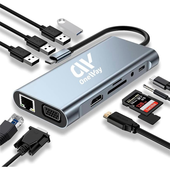Dock Hub Oneway USB-C 11 En 1 HDMI/VGA/RJ45/USB 3.0/USB-C