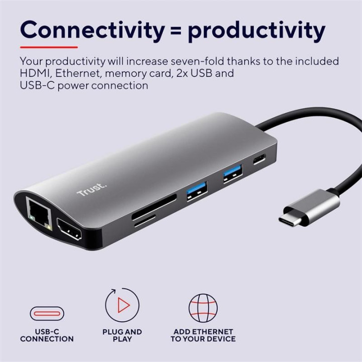 Hub Trust Dalyx USB-C 7 En 1 HDMI USB-C USB Micro Sd RJ45 Silver