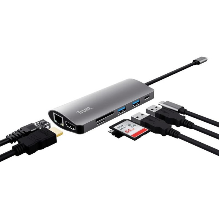 Hub Trust Dalyx USB-C 7 En 1 HDMI USB-C USB Micro Sd RJ45 Silver