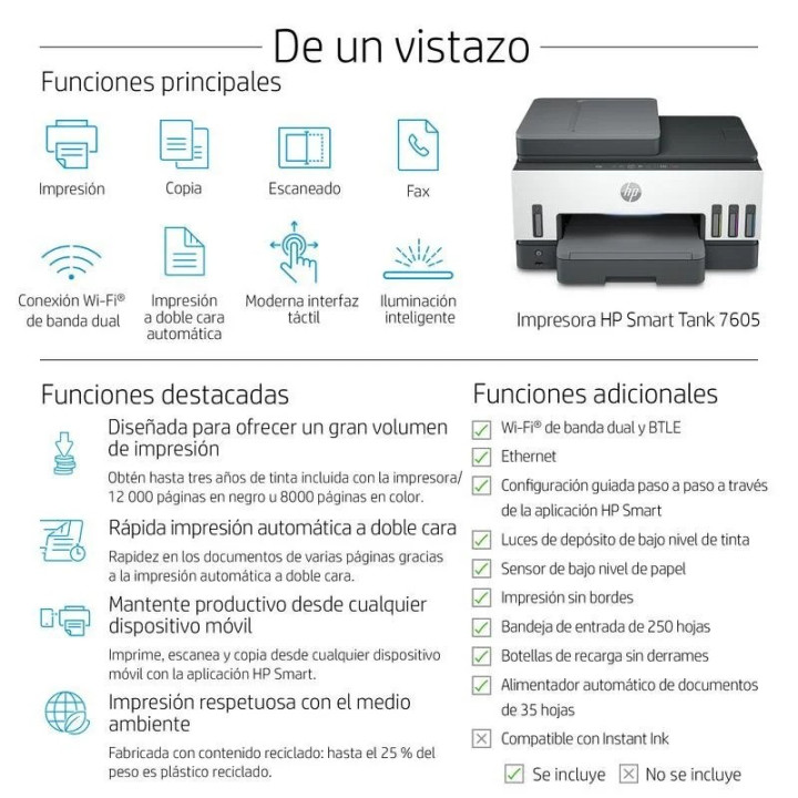 Impresora HP Smart Tank Multifuncion 7605 Color WIFI Duplex