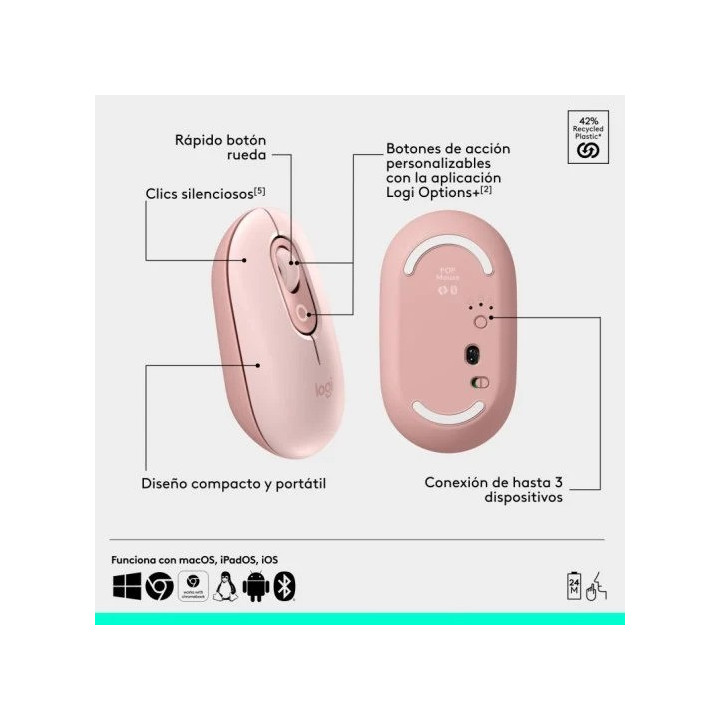 Teclado + Raton Logitech Pop Icon Wireless Rose/white | InfoChen