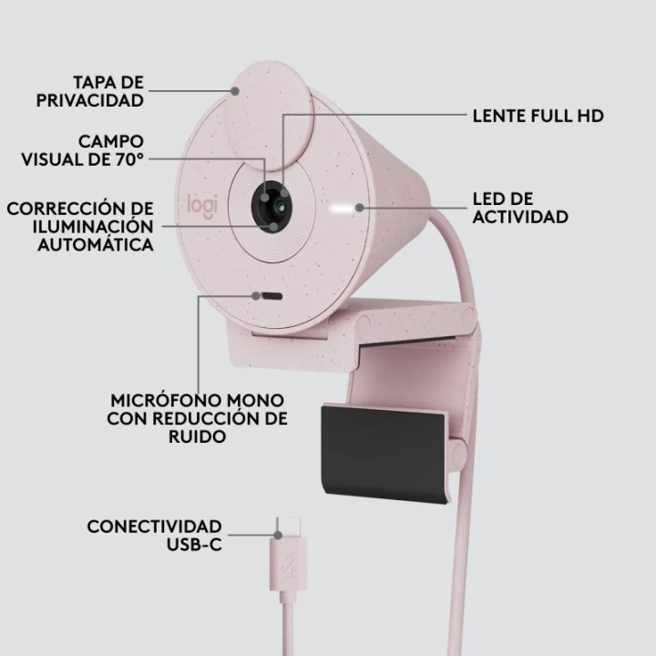 Webcam Logitech Brio 300 Fhd USB-C Rose | InfoChen Canarias