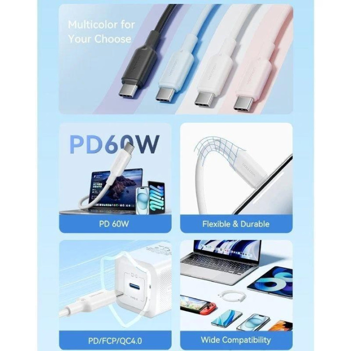 Cable USB 2.0 Vention Tipo USB-C/m-C/m 3A 1M Black | InfoChen