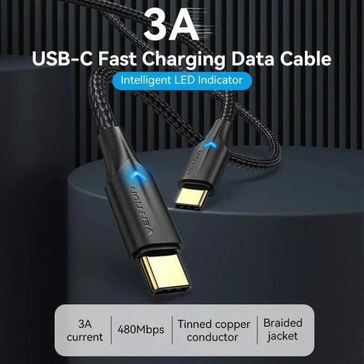Cable USB 2.0 Vention Tipo USB-C/m-C/m LED 480MBPS 3A 0.5M Black