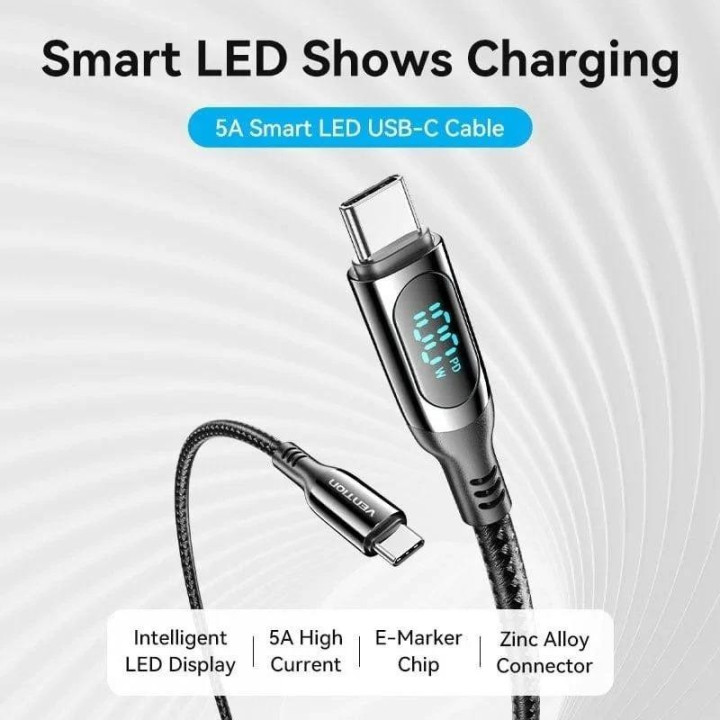 Cable USB Vention Tipo USB-C/m-C/m Pantalla LED 5A PD100W 1.2M