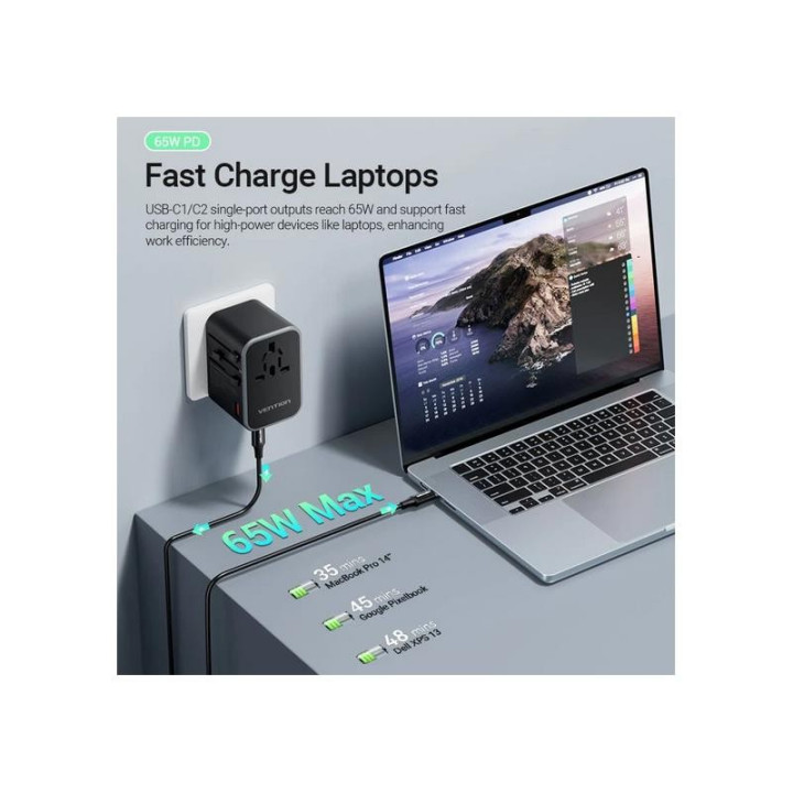 Cargador De Pared Vention Universal Gan 2XUSB-C USB-A 65W |