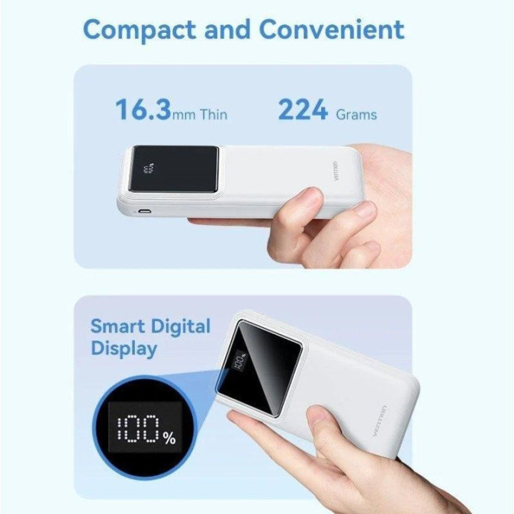 Powerbank Vention 10000MAH 2XUSB-A + USB-C LED Display 22.5W