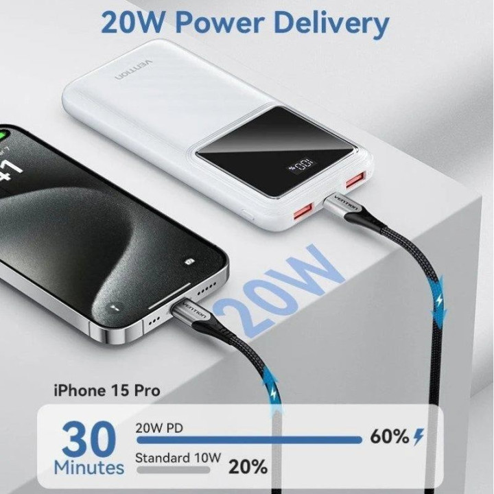Powerbank Vention 10000MAH 2XUSB-A + USB-C LED Display 22.5W