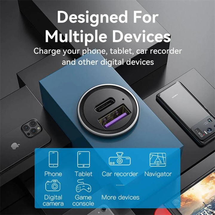 Cargador Coche Smartphone Vention 30W USB-A USB-C Silver |