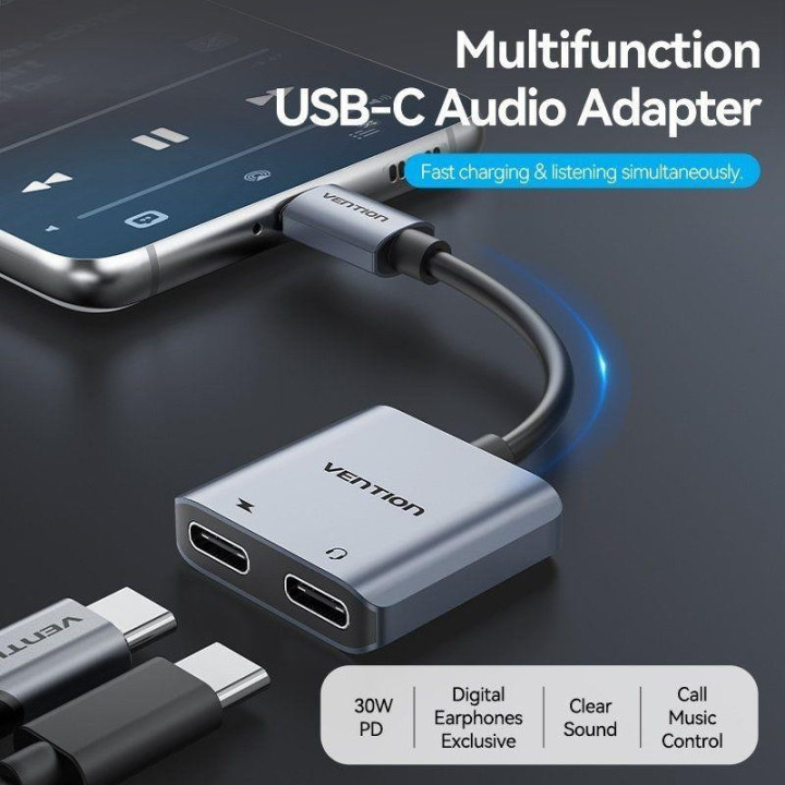 Cable Conversor Vention USB-C/m - 2X USB-C/h Audio/carga Grey |