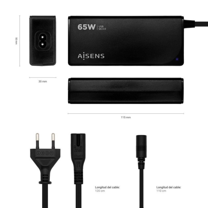 Cargador Portátil Aisens 65W Automatico + 9 Conectores + USB-A |