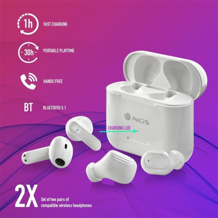 Auriculares Ngs Artica Duo Earphones Bluetooth Wireless White ((