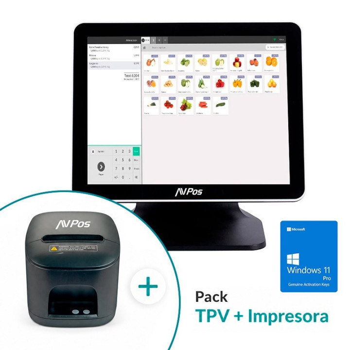 Pack TPV Avpos K5000 15 Tactil Intel N100/8GB/SSD128G/W11P + TC15