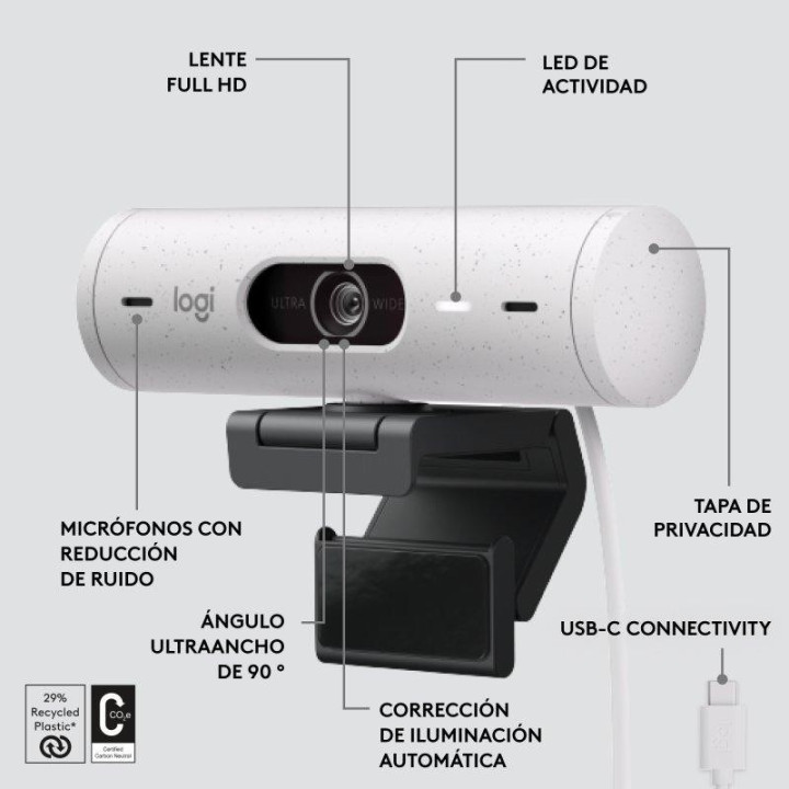 Webcam Logitech Brio 500 Fhd USB-C White | InfoChen Canarias