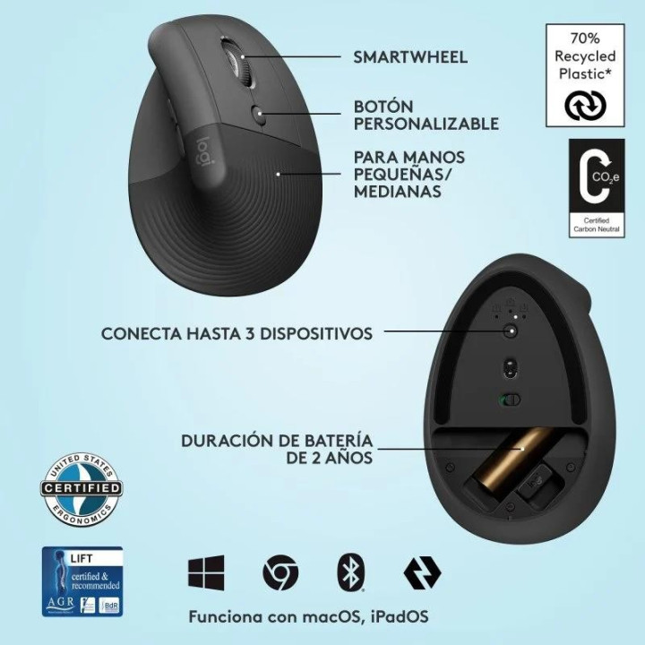 Raton Logitech Lift Vertical Wireless Ergonomic 4000DPI 6 Botones