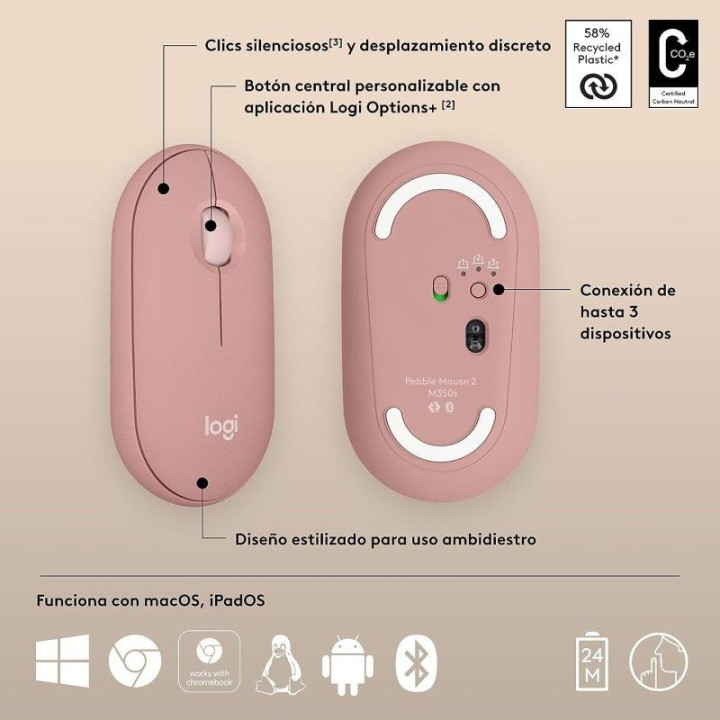 Raton Logitech Pebble 2 M350S Wireless Rose | InfoChen Canarias