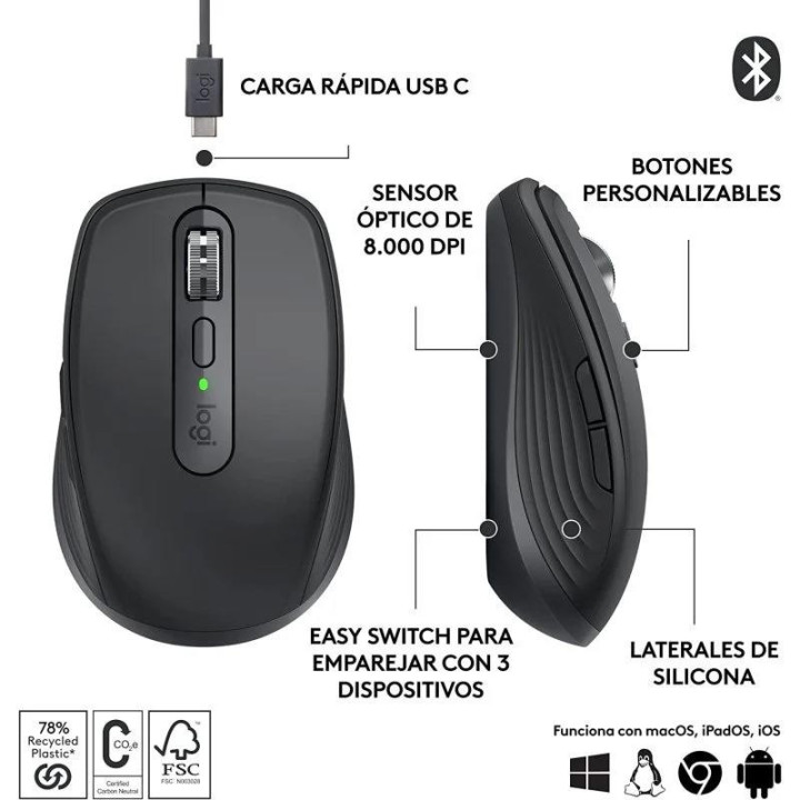 Raton Logitech Mx Anywhere 3S Wireless Bt 8000DPI 6 Botones Black