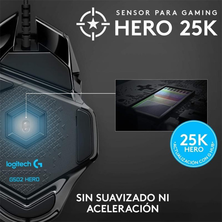 Raton Logitech G502 Hero Optico USB Gaming Black | InfoChen