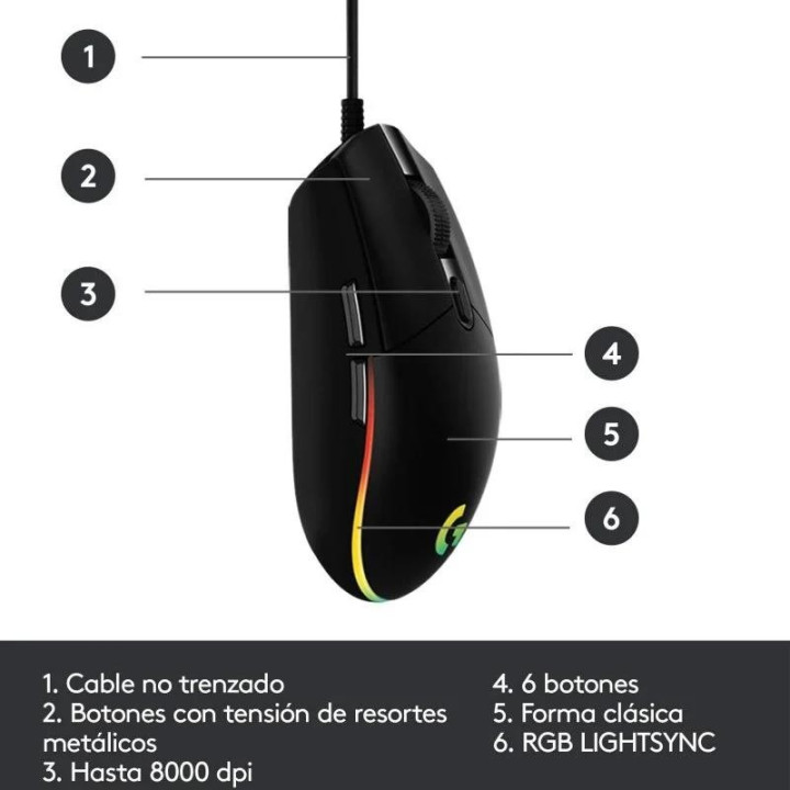 Raton Logitech G203 Lightsync RGB USB Black | InfoChen Canarias