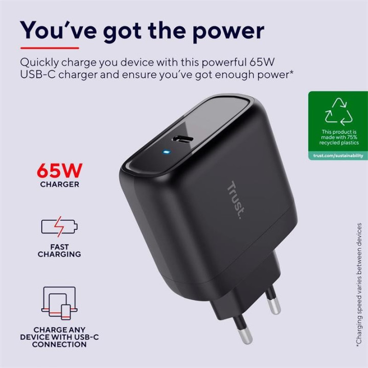 Cargador Trust Maxo USB-C 65W 2M Black | InfoChen Canarias