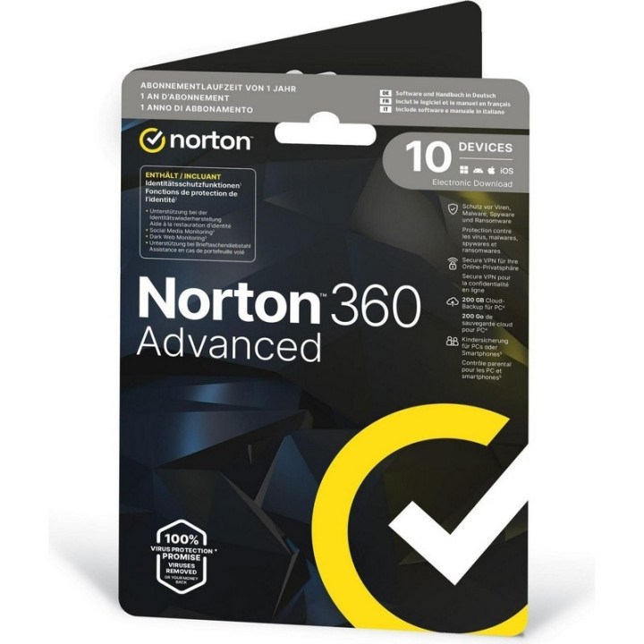Norton 360 Advanced Pwm 200GB Es 1USUAR 10DISP 1 Año Lic