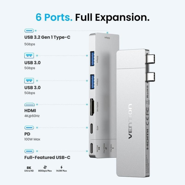 Docking USB-C Vention 1X HDMI 4K/2X USB-A/2X USB-C/1X